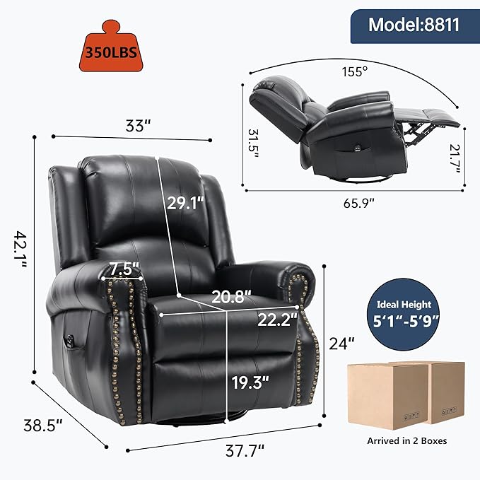 PELUMY Breathable Leather Swivel Rocking Recliner Chair for Adults 360° Swivel Glider Rocker with Heat &amp Vibrating Massage Lounge Chair for Living Room Bedroom Nursery (Black)