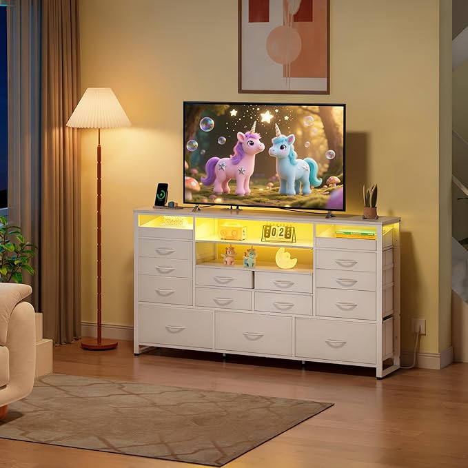 WLIVE White TV Stand for 55 60 65 inch TV Entertainment Center with LED Lights &amp Charging Station TV Media Console Table with 15 Fabric Drawers and Open Shelves for Living Room Hallway Wood