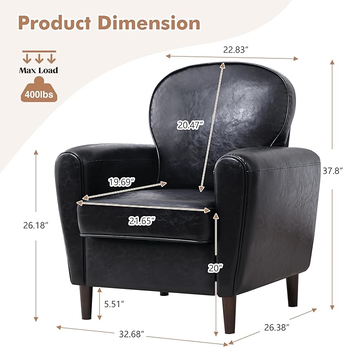 Accent Chair Set of 2 Mid Century Modern Faux Leather Arm Chair with Thick Cushion and Back Comfy Upholstered Reading Chair Single Sofa Chair for Living Room Bedroom Club Black