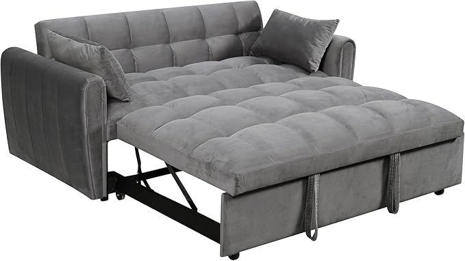 Ball &amp Cast 65 3 in 1 Large Sleeper Sofa BedVelvet Upholstered Pull Out Couch with Adjustable Back&amp2 PillowsConvertible Futon Sofa-Bed W/Side PocketLoveseat Chaise Lounge for Living RoomD