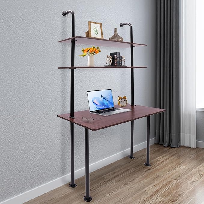 Industrial Wall Mount Desk with Shelves 3-Shelf Ladder Desk Computer Writing Table for Small Spaces Black and Brown Modern Narrow Floating Table with Storage (13 Dx39.4 Wx79 H)