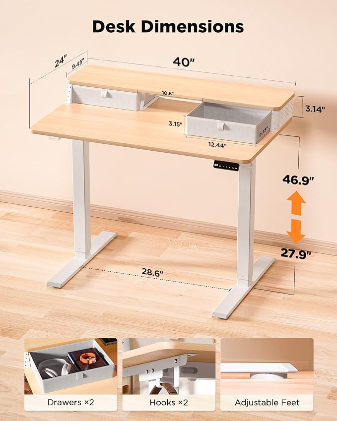 FiCiHi 40x24 Inch Standing Desk with Drawers C-Clamp Mount Compatible Electric Adjustable Height Computer Small Stand Up Desks Home Office Sit Stand Table with 3 Preset Heights Maple