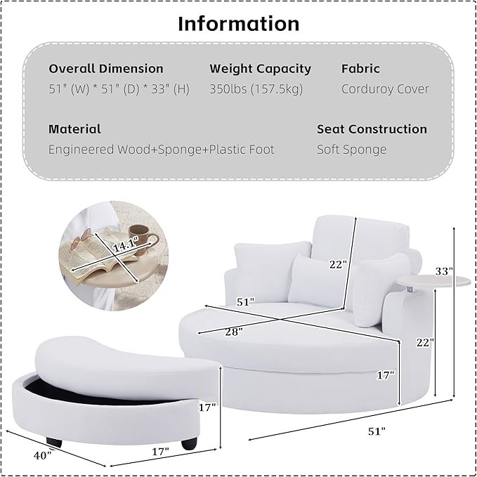 51'' Accent Swivel Barrel Chair with Storage Ottoman Modern Oversize Round Swivel Leisure Armchair for Living Room Hotel Club Lounge White