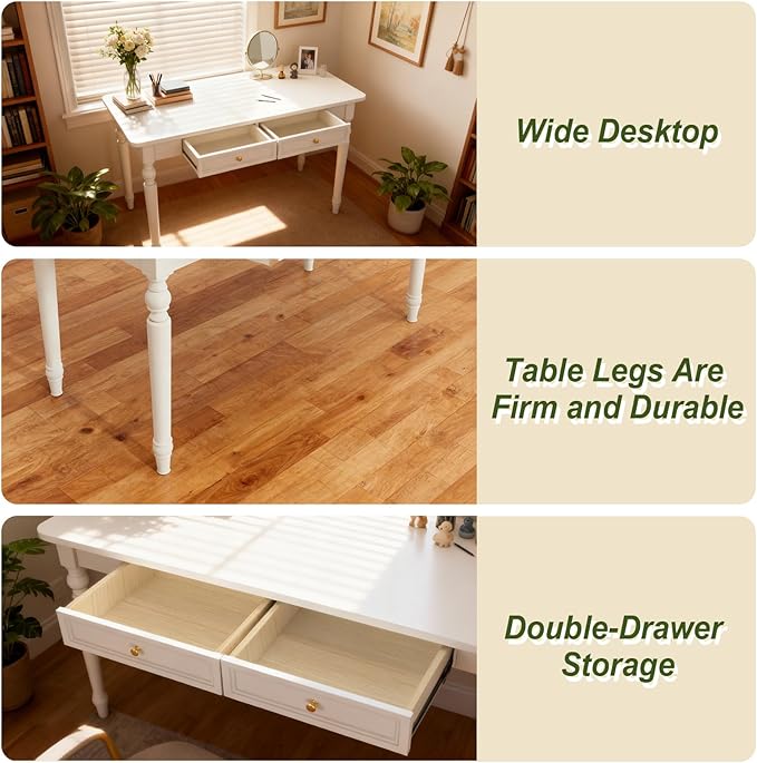 48in Rubber Wood Desk with Two Drawers French Home Office Writing Tables with Storage Multi-Functional Wood Vanity Study Desk for Bedroom Living-Room White