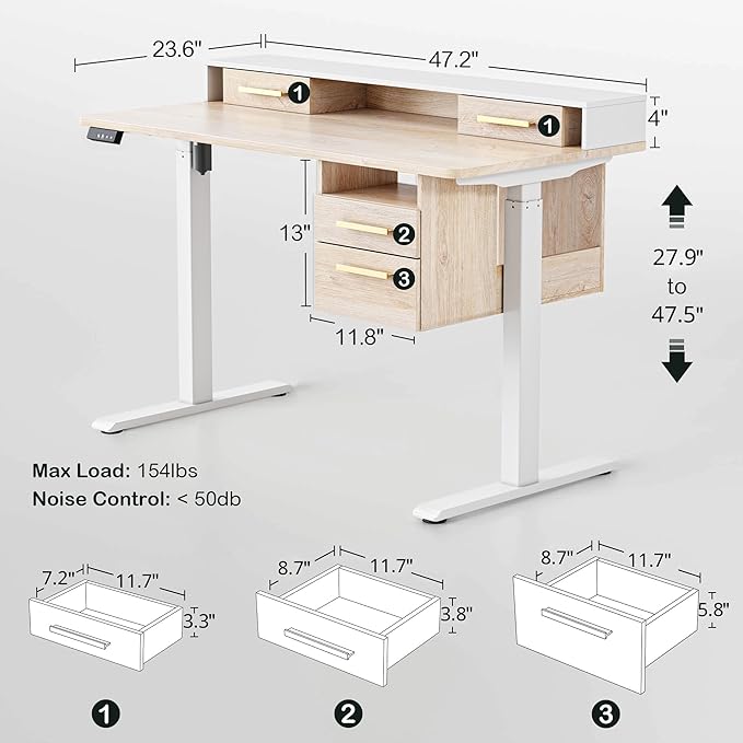 Standing Desk with 4 Drawers 47.2 x 23.6 Inch Whole Piece Height Adjustable Electric Sit Stand Desk Computer Home Office Workstation with Open Storage Shelf Light Walnut
