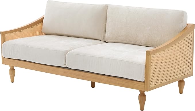 Christopher Knight Home Harper Mid-Century Loveseat Sofa Couch 2-Seater Lounge Sofa with Rattan Armrests and Wooden Legs Chenille Upholstered Couches for Living Room and Small Space Natural