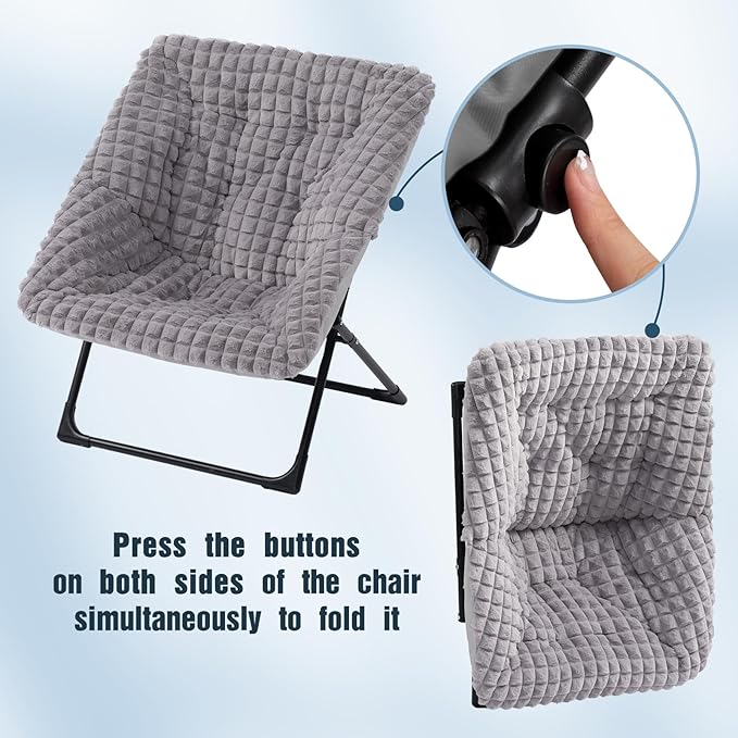 HollyHOME X-Large Saucer Chair with Foldable Ottoman Comfy Oversized Folding Chair and Folding Footrest Stool Set Faux-Fur Reading Chair and Footstool for Living Room Blue&ampGrey Chair&ampStool