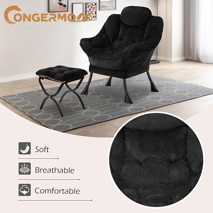 Lazy Chair with Folding OttomanLeisure Sofa ChairSoft Fabric Armchair with Armrests and Side Pockets Reading Chair with Footrest for Living Room Bedroom Office (Plush Black)