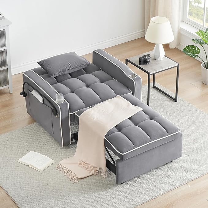 3 in 1 Convertible Sleeper Chair Modern Pull Out Couch Bed Single Recliner with Adjustable Back Velvet Futon Folding Sofa Bed Chair for Living Room Bedroom Small Spaces (Gray-2)