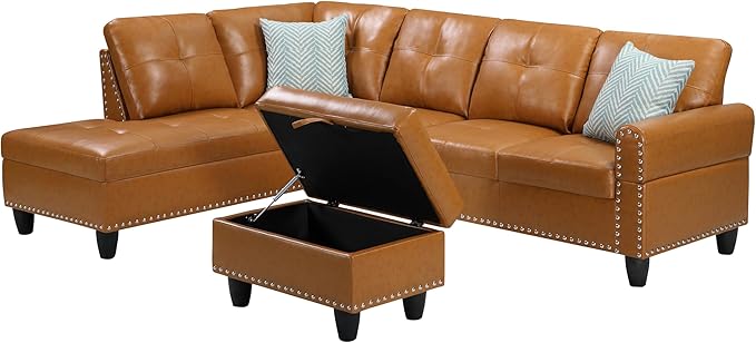 Ball &amp Cast 98 L Shaped Sectional Couch for Living Room with Chaise&ampStorage Ottoman4 Seat Faux Leather Upholstered Modular Sectional Sofa Set 3 PCS W/Cup Holders&ampCoffee Tablefor HomeOf