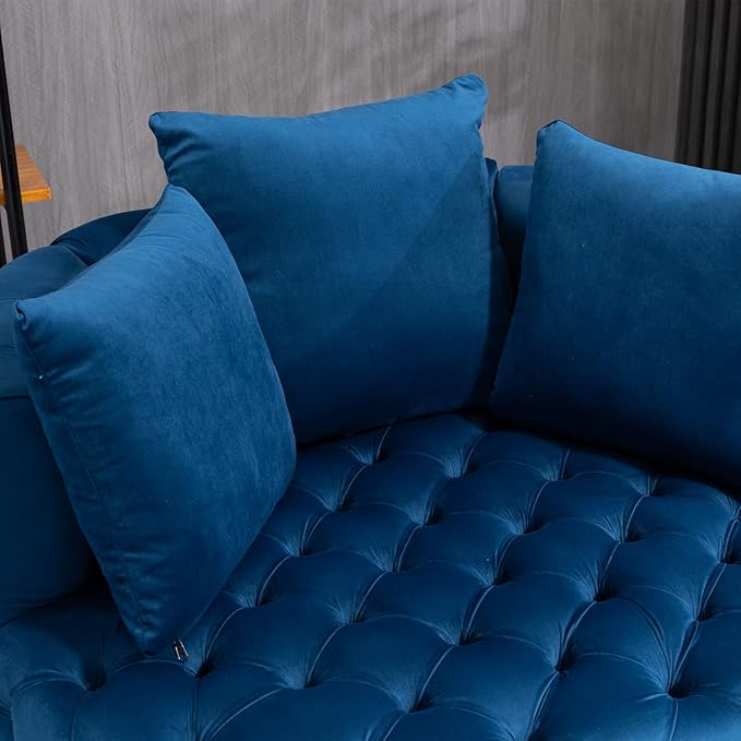 Velvet Accent Chair Tufted Upholstered Barrel Chair Lounge Chair with 3 Movable Pillows and Solid Wood Legs Oversized Round Sofa Chair Reading Chair for Living Room Bedroom Hotel Office Blue