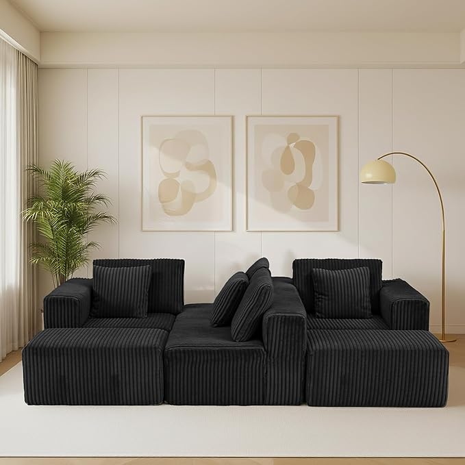 132 Cloud U-Shaped Sectional SofaModular Boneless Couch with OttomanCorduroy 4-Seater Couch for Living RoomNo Assembly RequiredDeep SeatPlush Cushion Back (Black)