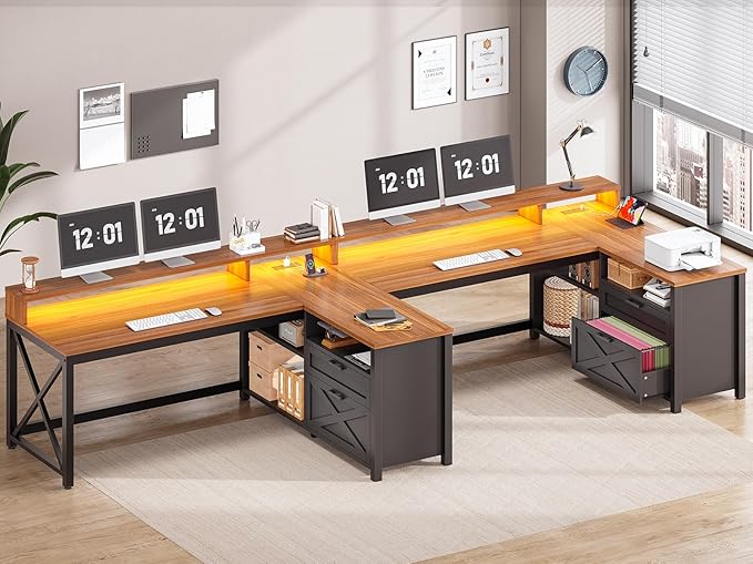 SEDETA L Shaped Gaming Desk with Drawers 55 Farmhouse Computer Desk with File Drawer and Storage Shelves Corner Gaming Desk with LED Lights and Monitor Shelf Black and Brown