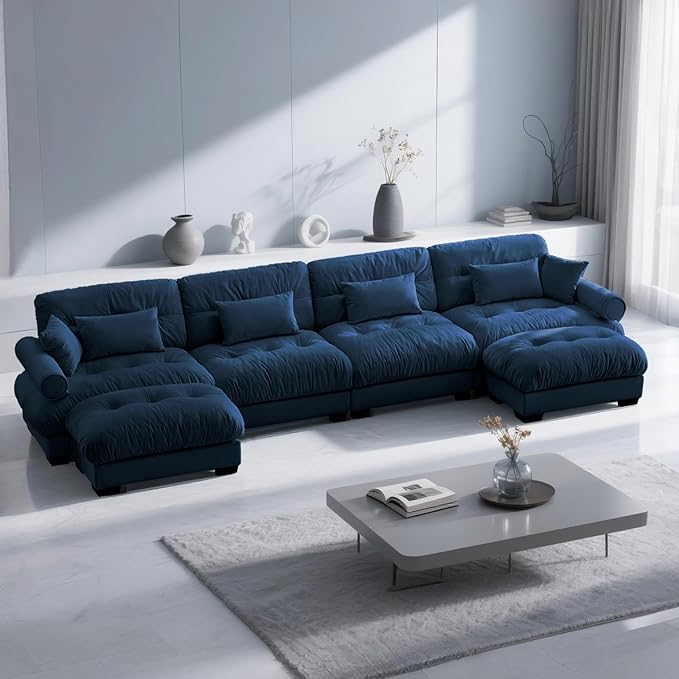 166 Modern Oversized Modular Sectional Sofa 4-Seater U-Shaped Cloud Sleeper Couch with 2 Ottomans Pillows and Overthick Cushion for Living Room Home Theater Apartment Velvet Blue