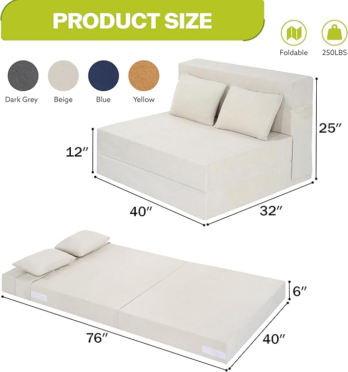Folding Sofa Bed 4 in 1 Convertible Sleeper Sofa Bed Chair with Pillow Twin Memory Foam Loveseat Futon Sleeper Chair Foldable Futon Couch for Living Room Bedroom Guest Room Beige