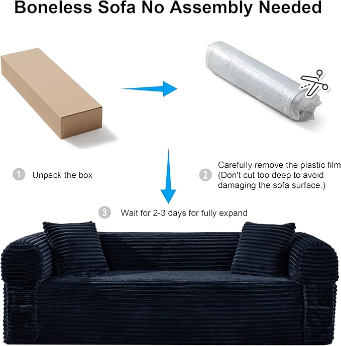 83'' Boneless Couch in A Box No Assembly Needed Sofa Bed Couch 3 Seater Corduroy Modern Cloud Sofa 29'' Deep Seat with 2 Pillows &amp Removable Backrest for Living Room Bedroom Apartment Navy Blu