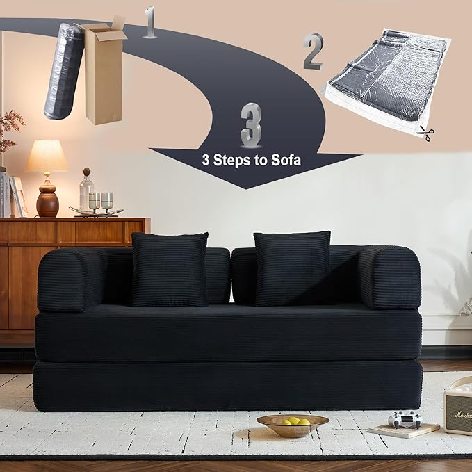 Convertible Sleeper Sofa Bed with Fixed-Shape Frame Corduroy Folding Boneless Couch with Cylindrical Pillow Comfy Floor Sofa Couch for Living Room No Assembly Required Black