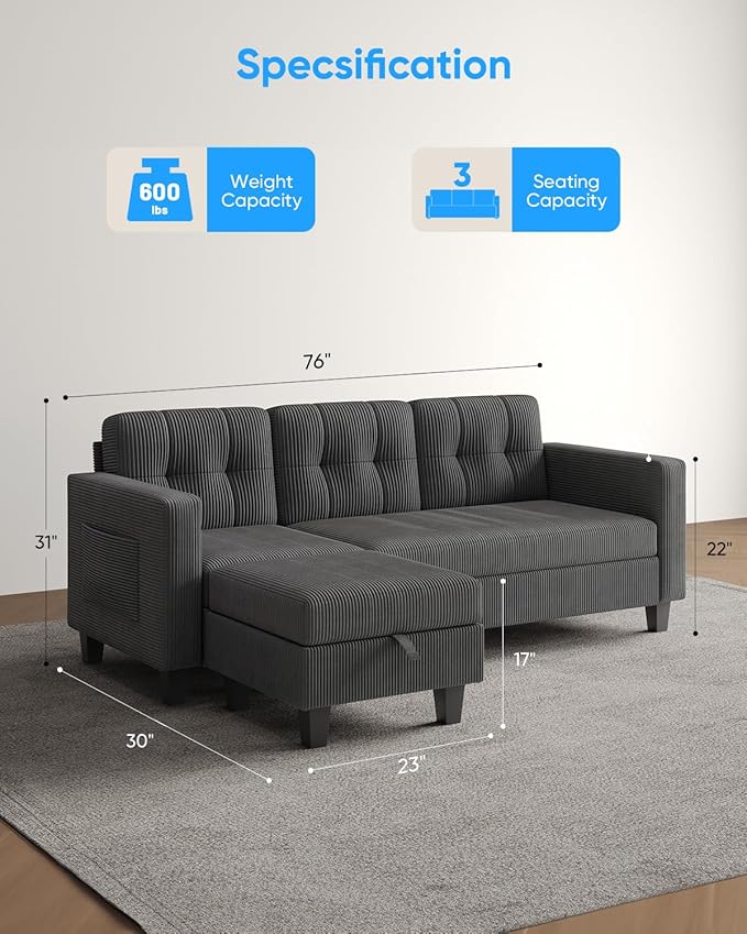 76 Inch L Shaped Sofa Corduroy Convertible Sectional Couch with Reversible Storage Ottoman Modern 3 Seat Sectional Sofa for Living Room Apartment and Small Space
