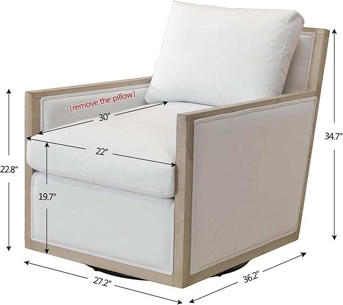 KINWELL 27 Wide Oak Wood Frame Performance Fabric Swivel Armchair Set of 2 No Assembly Down Fill Upholstered Swivel Barrel Chair with Removable Pillow Back for Living Room Bedroom (Ivory)