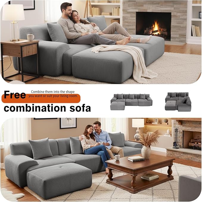 120 Modular Boneless Cloud Couch Sectional Couches for Living Room with Ottoman Modern L-Shaped Modular Sectional Sofa Bed with Deep Seat Corduroy 3-Seater Sleeper Sofas for Living Room (Grey)