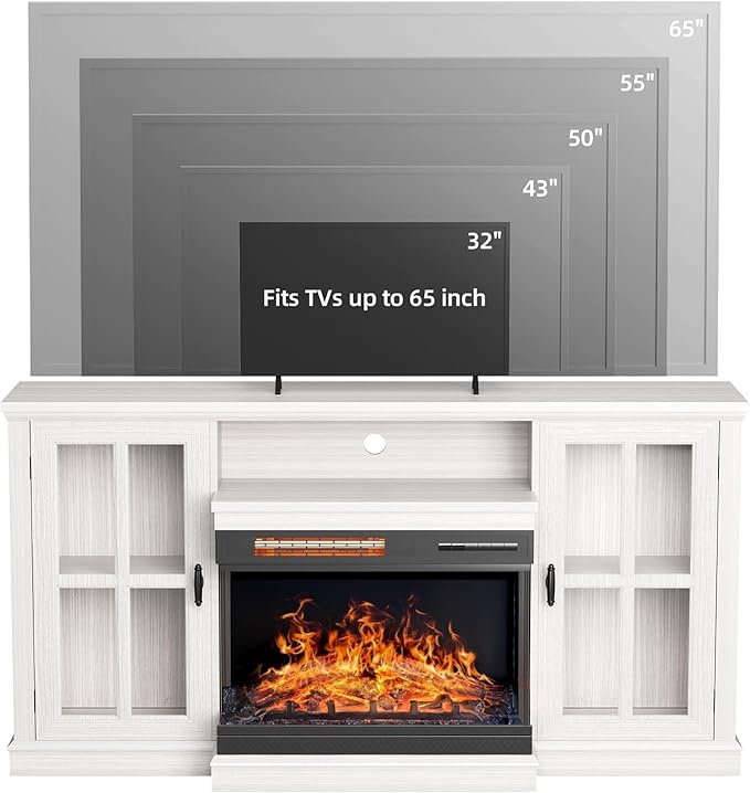 YESHOMY Glass Fireplace TV Stand for TVs up to 65 Inch Media Entertainment Center with Storage White Wash