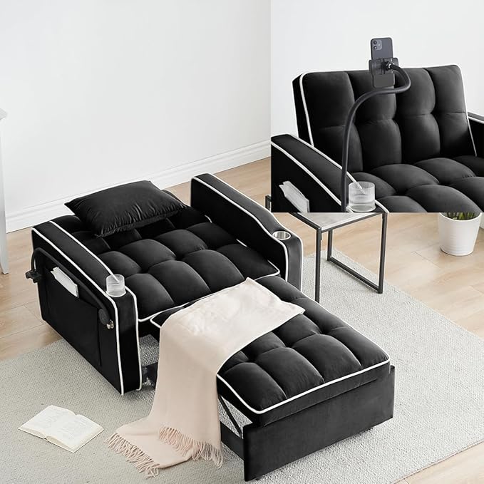 3 in 1 Convertible Sleeper Chair Modern Pull Out Couch Bed Single Recliner with Adjustable Back Velvet Futon Folding Sofa Bed Chair for Living Room Bedroom Small Spaces (Black-2)