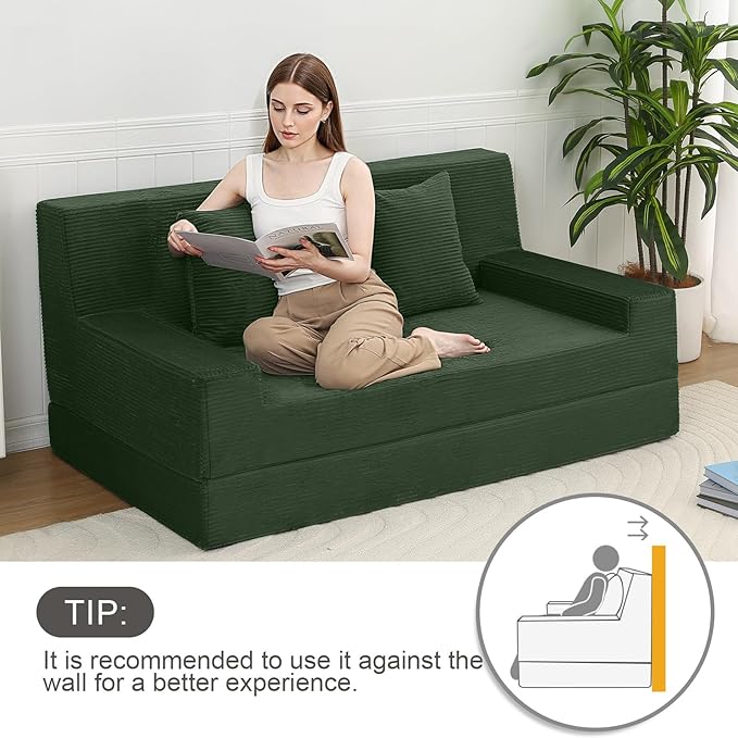 MeMoreCool Boneless Loveseat Sofa Bed – Dark Green Corduroy Convertible Futon Couch Foldable Floor Sleeper with Foam &amp Pillow Washable Cover for Bedroom Apartment Small Living Room