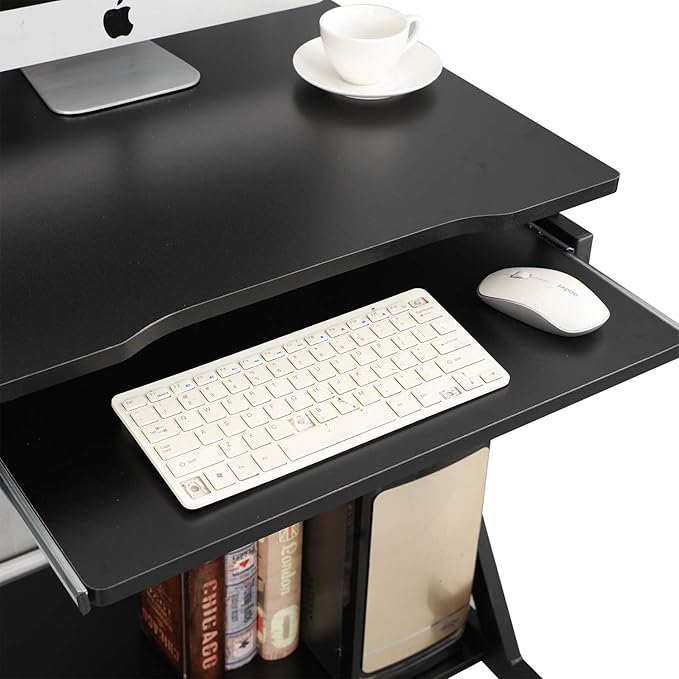 sogesfurniture Small Computer Desk on Wheels Mobile Computer Desk Small Rolling Work Workstation with Printer Shelf and Keyboard Space Computer Workstation for Home and OfficeBlack