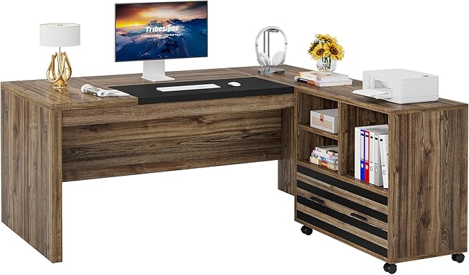 Tribesigns 62.2 Executive Desk with Mobile File Cabinet L-Shaped Office Desk with Storage Shelves Large Computer Desk Business Workstation Set for Home Office Light Brown