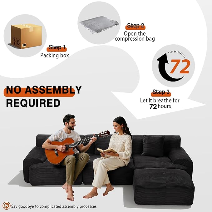 120 Modular Boneless Couch Cloud Couch Sectional Couches for Living Room with Ottoman Modern L-Shaped Modular Sectional Sofa with Deep Seat Corduroy 3-Seater Sleeper Sofas for Living Room (Black)