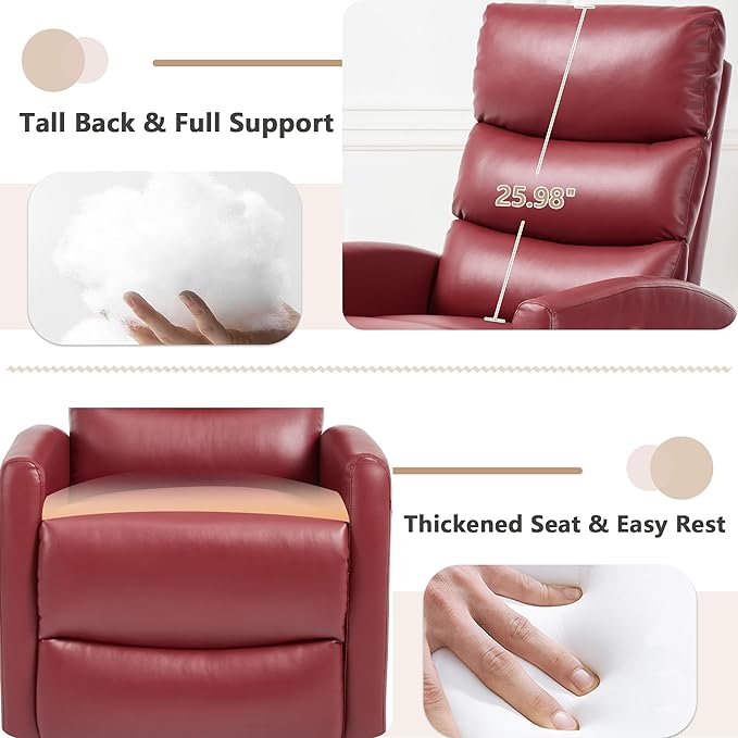 cinkehome Small Swivel Rocker Recliner Chair with Heated Massage Upholstered Nursery Glider Recliner Chair High Back Side Pocket (Red PU Leather)