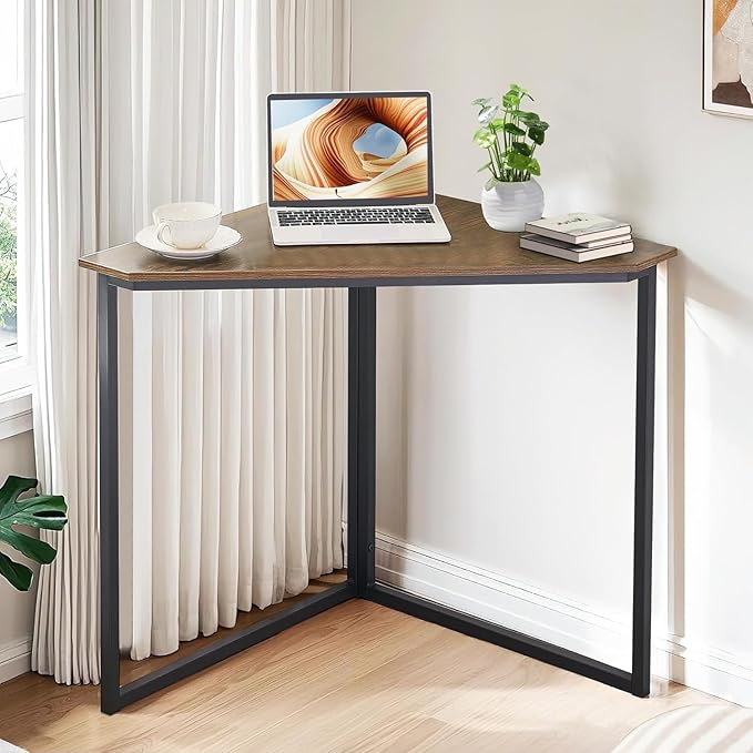 VECELO Ϲоrnеr Desk Corner Tables for Living Room for Small Space Triangle Computer Desk with Steel Frame Ϲоrnеr Shelves with Metal Frame Ϲоrnеr Writing Desk for Workstation Retro Brown 33.1