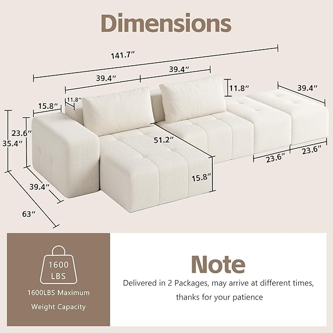 141 Cloud Sectional Couch for Living Room Oversize Boneless Modular Sectional Sofa with Deep Seat L Shaped Modern Cloud Sleeper Sofa Bed with Chaise Beige White