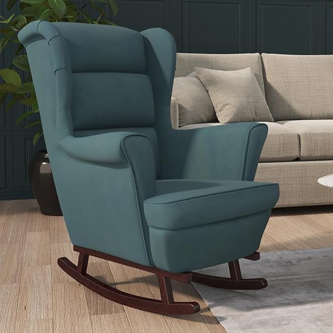 Rocking Chair with Solid Wood Rubber Legs Blue Velvet Relaxing Chair Rocking Chair Relaxing Lounger Living Room