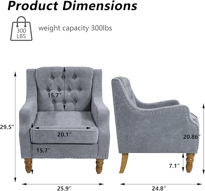 Linen Accent ChairsUpholstered Button Tufted Living Room ChairMid Century Armchair Sofa ChairsComfy Reading Chair for BedroomLiving RoomStudy (Grey 1)