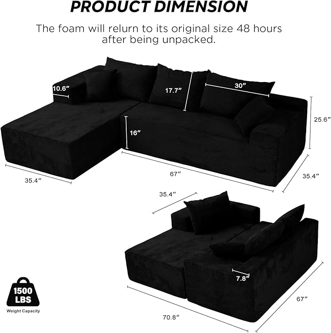Black Sectional Couches for Living Room Boneless Couch with L-Shape Chaise Modular Sofa in Box with Deep Seat No Assembly Required