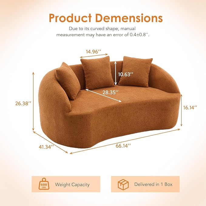 65” Beige Curved Couch&amp Loveseat Sofa with 3 Pillows Compression Couch with Round Armrest Suitable for Small Space Bedroom Living Room Memory Foam Chenille No Assembly (Upgraded Orange)