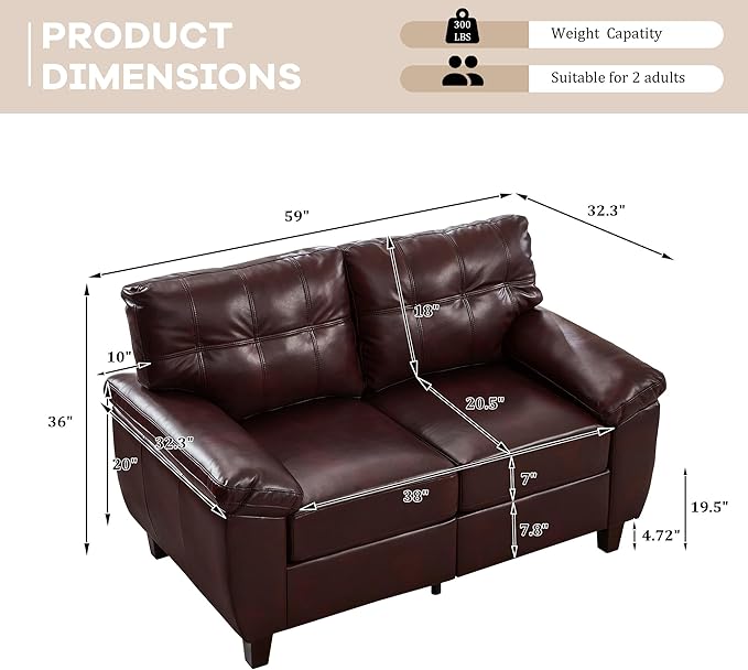 59 Faux Leather Loveseat with Storage Mid-Century Modern PU Sofa Couch with Tufted Seat &amp Back Deep Seat Small Sofa for Living Room Apartment Office Vintage Upholstered 2-Seater Couch Burgu