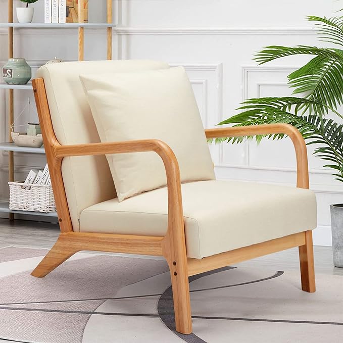 JOMEED Oak Wood Frame Mid Century Modern Accent Leisure Chair for Modern and Retro Decor Style Living Room with Soft Linen Upholstery Beige