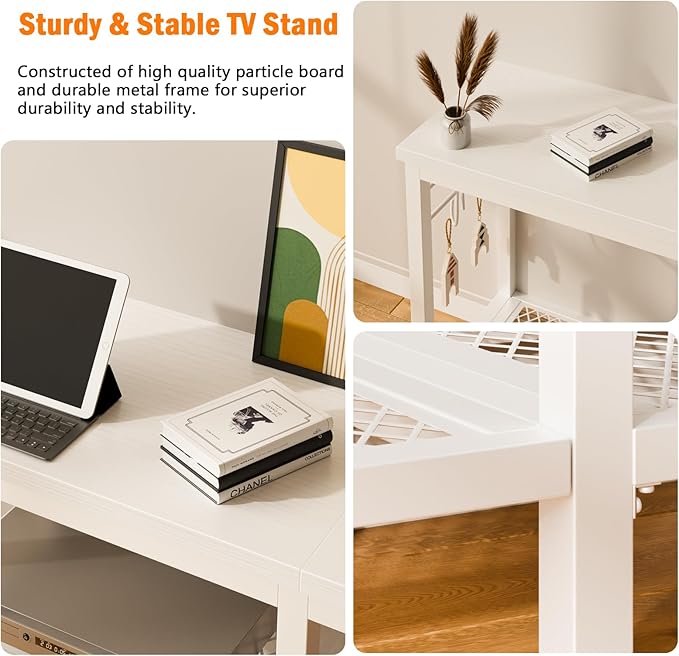 Furologee TV Stand for TVs up to 55 Inch Entertainment Center with Open Storage Shelves Media Console Table with Soundbar Shelf for Living Room Bedroom White