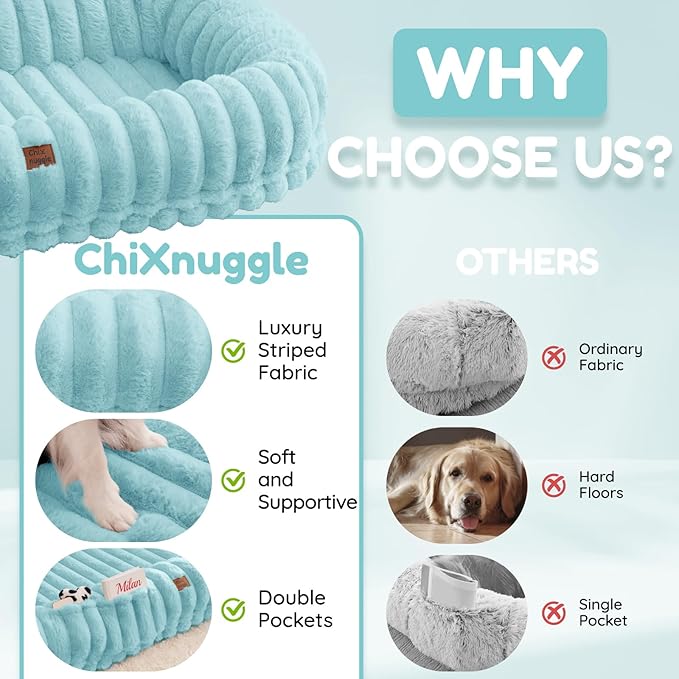 Human Dog Bed for Adult - Luxury Striped Faux Fur Giant Dog Bed with Portable Handle Egg Orthopedic Foam Pad with Thick Blanket 72x40x10 Blue