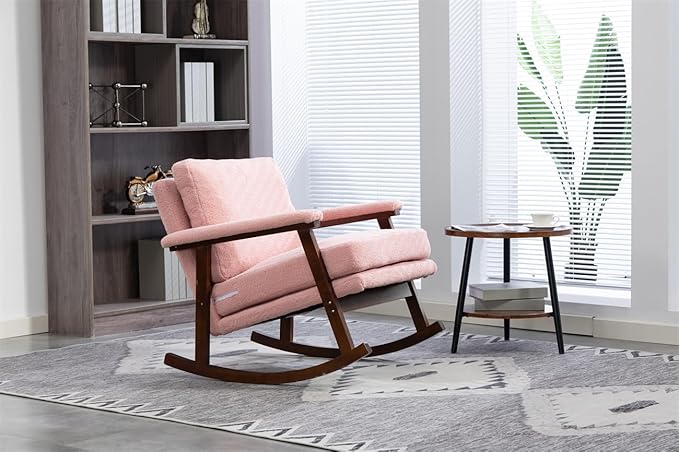 ZeHuoGe Mid Century Modern Accent Chair Rocking Chair with Wood Frame Upholstered Living Room Chairs Reading Armchair for Bedroom Sunroom (Light Pink)