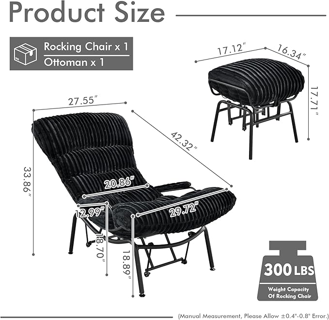 HOOOWOOO MCM Living Room Rocking Accent Chair with Ottoman SetOffice Lazy Lounge Glider Chair and Ottoman SetComfy Chair for Living Room Bedroom Office(Fur Corduroy Black)