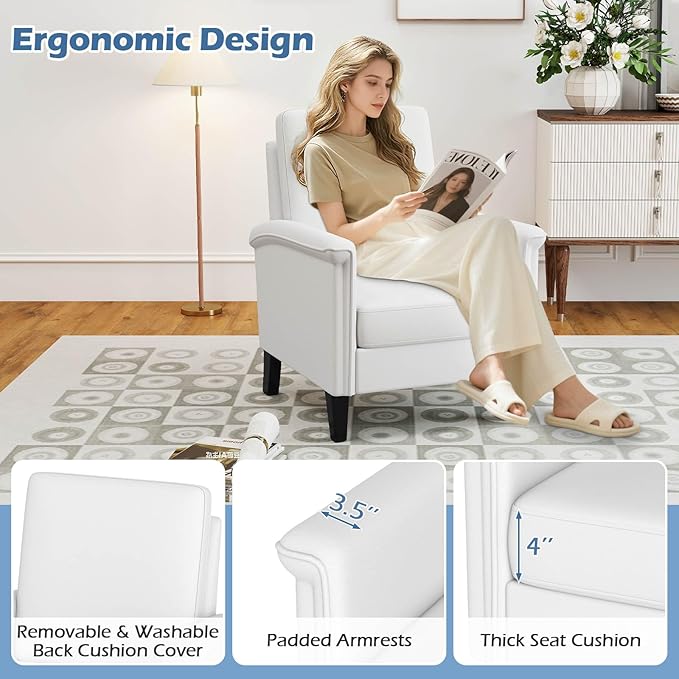 GOFLAME Modern Accent Chair Comfy Upholstered Armchair with Rubber Wood Legs and Thick Padded Cushion High Back Single Sofa Chair Reading Side Chair for Living Room Bedroom White