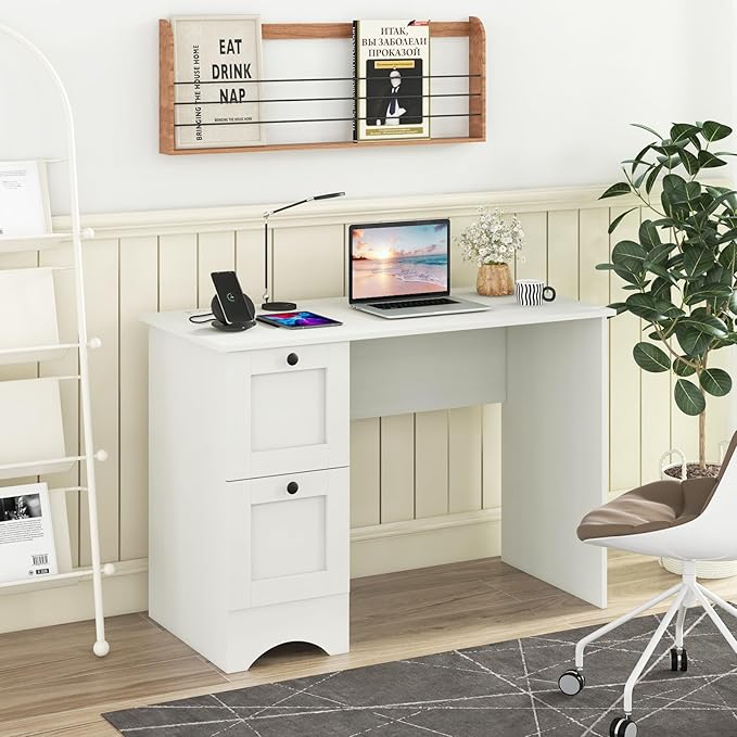 Tangkula White Desk with Drawers &amp Charging Station Wooden Home Office Desk PC Laptop Notebook Desk Compact Study Desk Writing Desk Computer Workstation Ideal for Home &amp Office