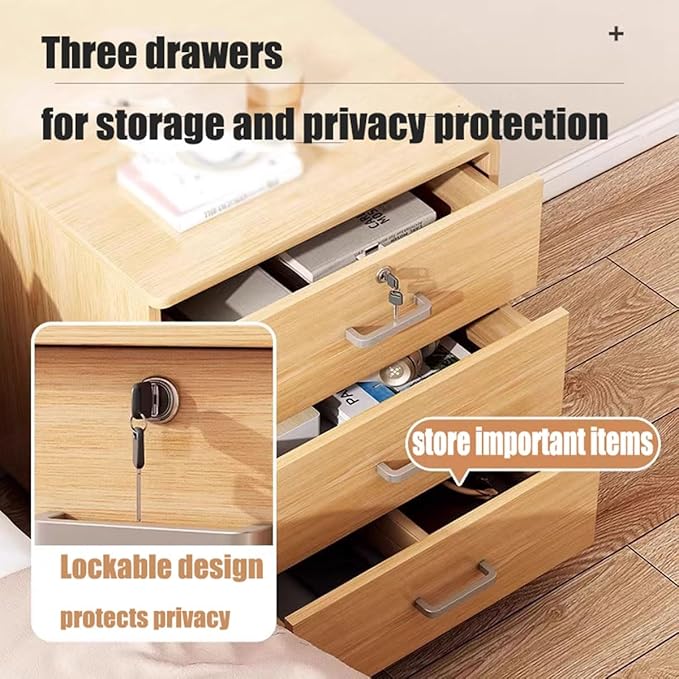 23.2 H Mobile File Cabinet with 3 Storage Drawers Under Desk Rolling File Cabinets for Home Office Storage Wood Rustic Filing Cabinets Narrow File Cabinet Cart Locked(Light Wood)