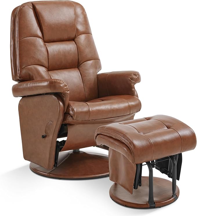 MCombo Swivel Glider Recliner with Ottoman Reclining Chair with Adjustable Back Faux Leather Upholstered Lounge Chair for Living Room Bedroom 4800 (Brown)