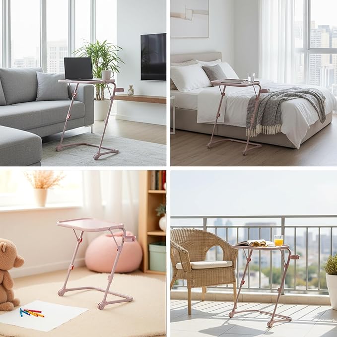Homy Casa Adjustable Z Shaped Study Desk with Cup Holder Space Saving Portable Laptop Foldable Table for Home Office Living Room &amp Bedroom Sturdy Metal Frame &amp PP Top Black (1PC-Pink)