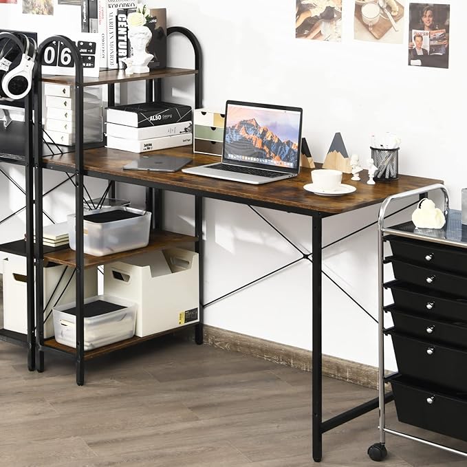 Tangkula 48-Inch Reversible Computer Desk with Storage Shelves Home Office Study Writing Desk with Bookshelves Writing Computer Workstation Home Office Desk (Rustic Brown)