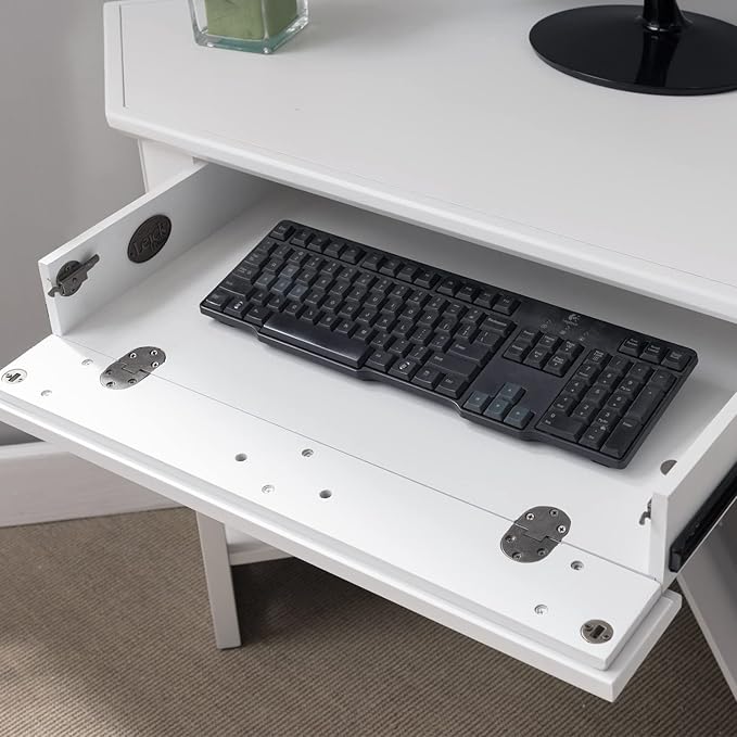 Leick Home Sage Corner Office Desk Solid Wood with Drop Front Keyboard Drawer White 85430